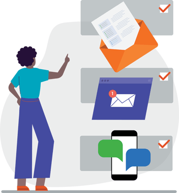 woman in front of icons representing mail, email, and SMS messaging