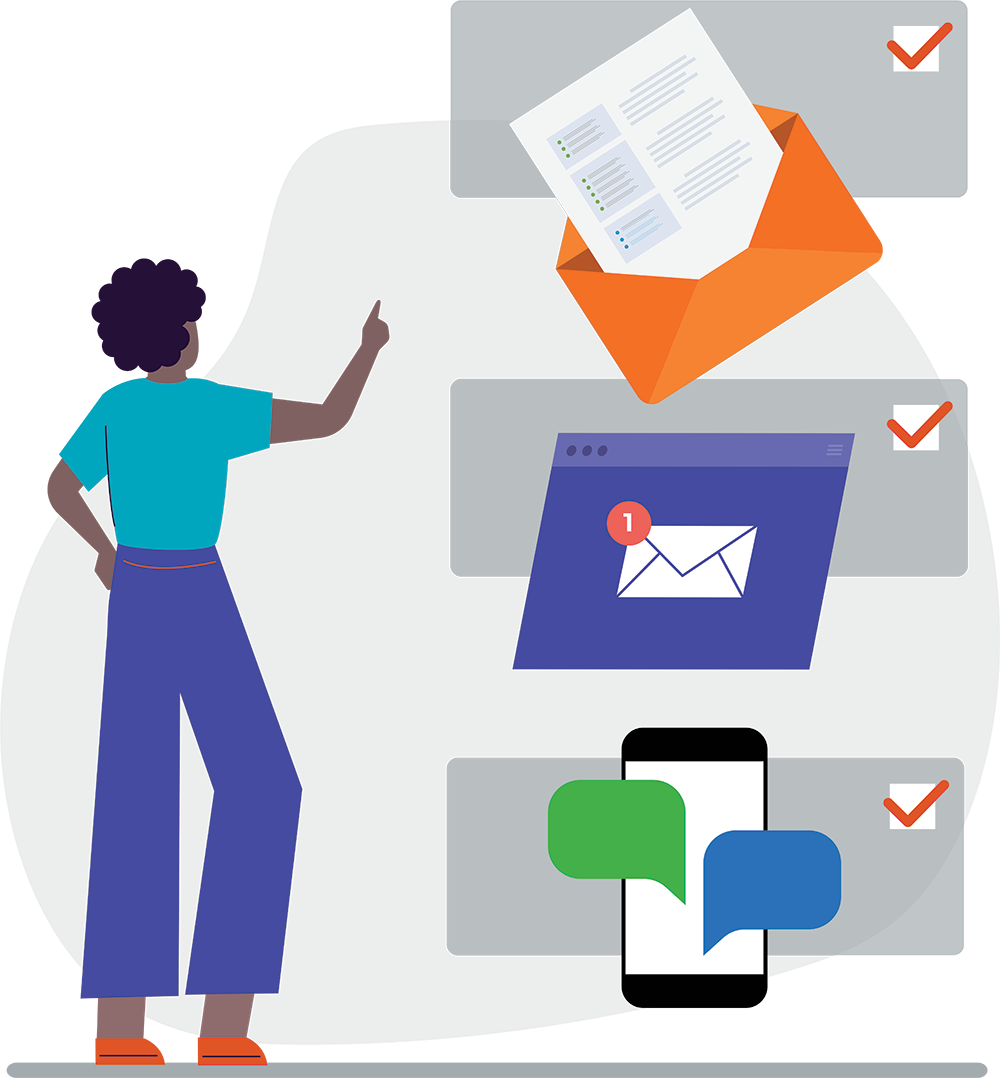 woman in front of icons representing mail, email, and SMS messaging